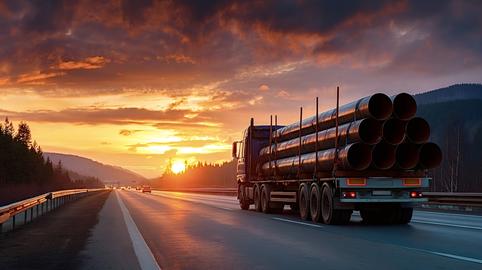 Truck transporting large pipes on highway at sunset