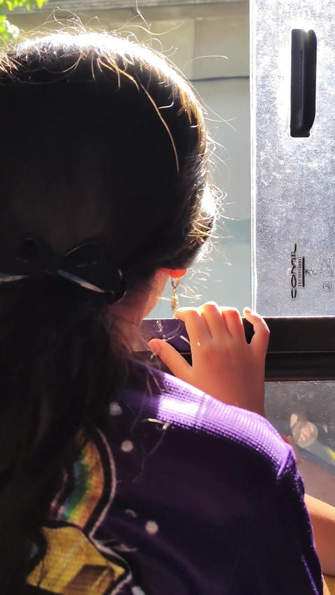 Young girl gazing through bus window
