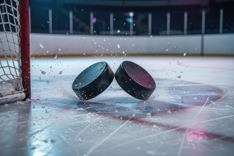 Hockey pucks collide on ice near the goal with flying ice fragments at dusk