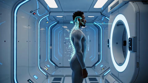 man standing inside futuristic scanning corridor as glowing internal alignment lines trace the spine