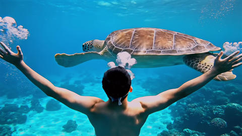 swimmer extending arms in awe as a sea turtle glides slowly across clear tropical water, sunlight