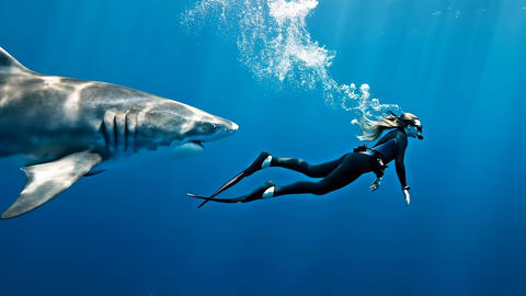 freediver swimming alongside a great white shark in open blue water, powerful marine encounter