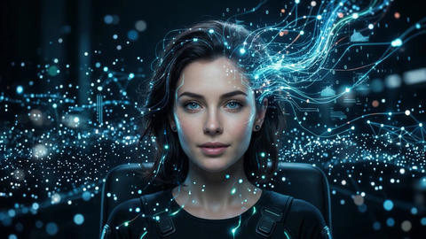 Humanoid AI robot processing information. Futuristic Artificial intelligence woman with neural