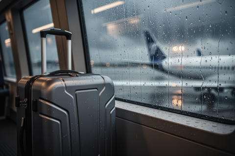 Carry-on luggage by rainy airport window with blurred airplane on tarmac