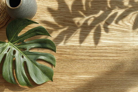 Wood table soft sunlight leaf shadow cozy background copy space minimal style Warm wood table with s