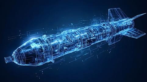 Futuristic missile hologram blueprint displaying digital engineering data