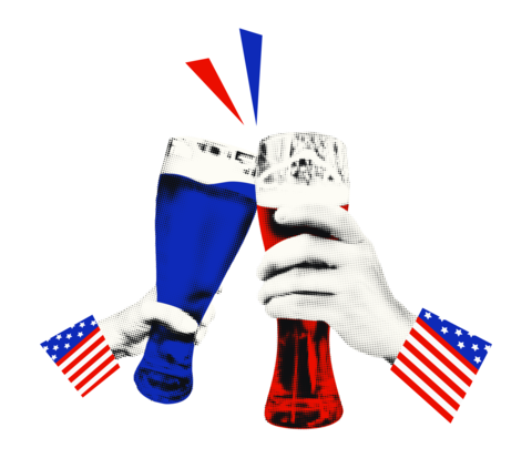 Hands clinking beer glasses halftone collage vector illustration