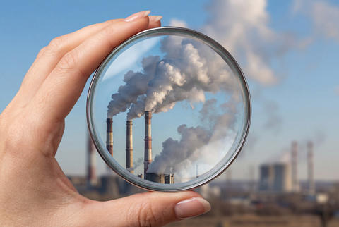 Hand holding a magnifying glass over industrial smokestacks and pollution