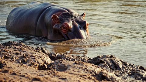hippopotamus rising from shallow river at low angle near muddy bank, water streaming from massive