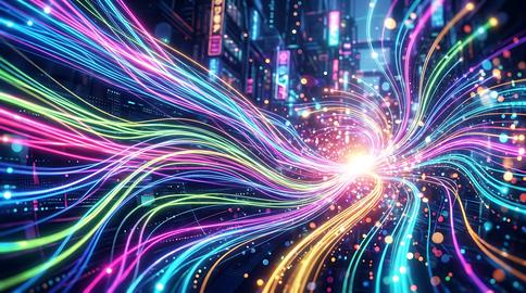 A dynamic digital illustration of a glowing fiber optic network connecting a futuristic city