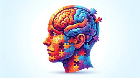 A vibrant, artistic profile of a human head made entirely of colorful puzzle pieces, symbolizing