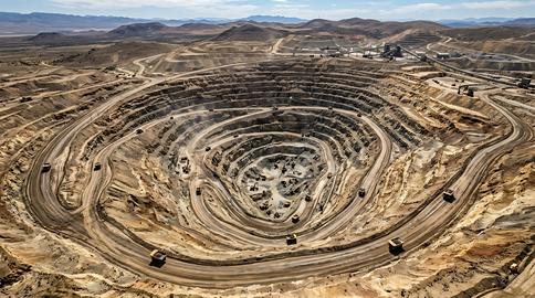 Aerial photograph showcasing an expansive open pit mine with intricate terraced excavation and
