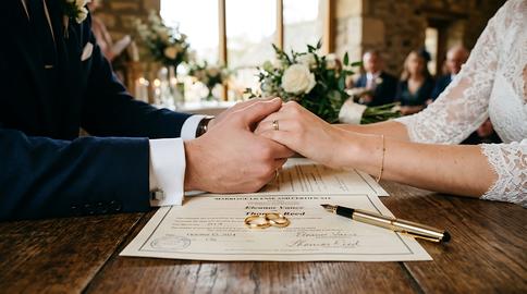 a loving wedding couple holding hands on a marriage contract with a pen on a wooden table