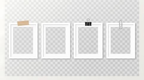 A set of four empty white picture frames with various clips on a transparent background, ideal for