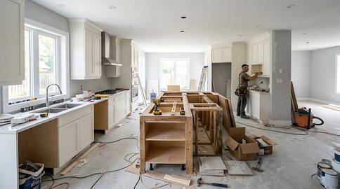A kitchen under renovation with a worker in the background, surrounded by construction materials and