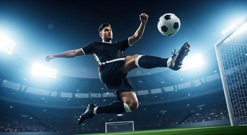 A soccer player in action, kicking a ball in a stadium with bright lights