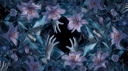 Surreal dark art with lilies hands and shattered glass moving eerily