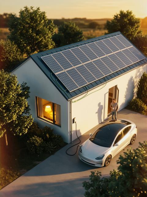 Solar-powered home with electric car charging during golden hour sunset