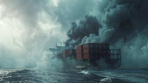 A cargo ship carrying containers is in distress. A large ship is in the epicenter of the storm