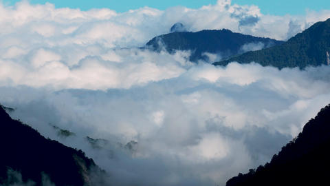 Aerial view misty foggy mountain landscape with clouds