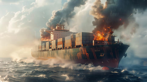 A large cargo ship is burning in the ocean. The fire is very large and spreads quickly. The sky is