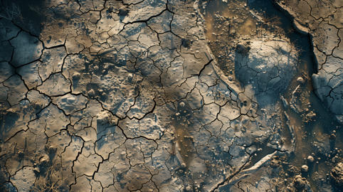 Drought. Aerial view from a drone of the cracked and dried surface of the earth with small stones