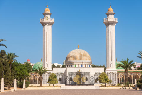 Golden domed mosque with surrounding palms, Sunlit mosque featuring twin towers and ornate courtyard
