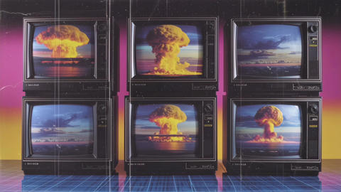 Retro televisions showing nuclear explosion on sunset horizon in vaporwave style