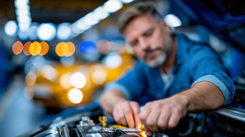 Auto mechanic working under the hood in a bright service garage, focused on vehicle diagnostics and