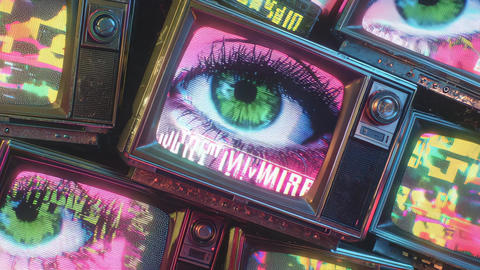 Retro glitch televisions with surreal green eye closeup on neon vintage screens