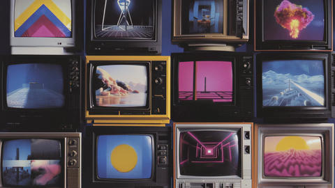 Retro wall of vintage televisions playing colorful abstract sci fi animations