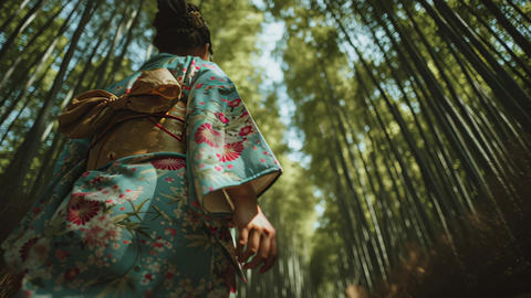Woman in traditional kimono walking through tranquil bamboo forest from low angle