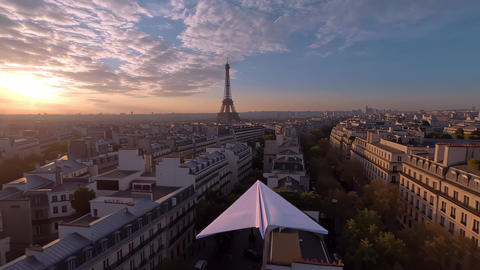 Paper airplane flying over Paris rooftops toward Eiffel Tower at golden sunset