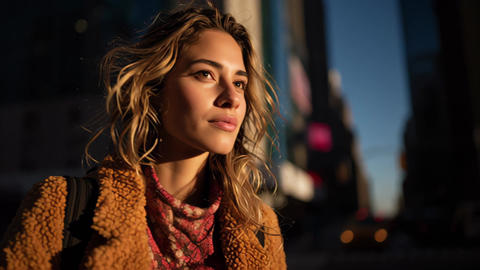 Confident young woman walking in city street at golden hour urban sunset light