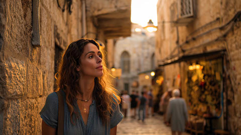 Confident young woman walking through historic old town street at golden hour