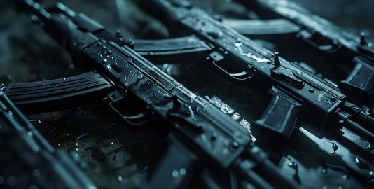 The concept of war, industry, violence, security and crime. An arsenal of firearms for illegal