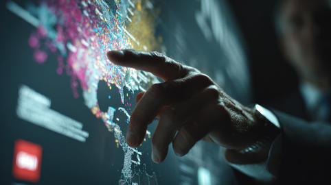 Data visualization business strategy digital screen hand analysis planning technology map focused ha