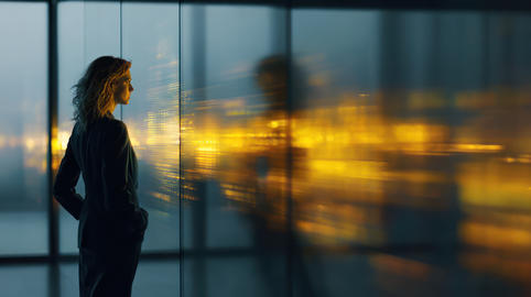Businesswoman profile glass reflection abstract light futuristic data professional female profile by