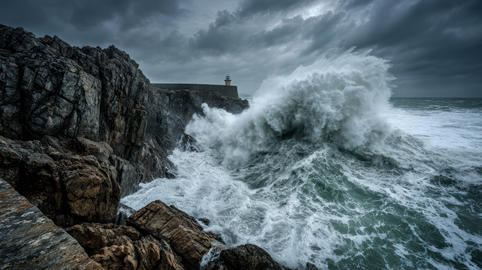 Stormy sea cliff giant wave crash lighthouse rocky coast dark cloud dramatic ocean climate change co