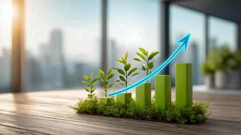 A green histogram of wooden bars growing out of leaves, with a glowing arrow pointing upwards