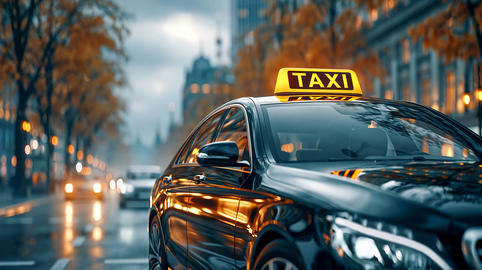 A black taxi is driving along an evening city avenue