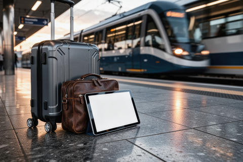 Suitcases and tablet on train platform next to passing tram in city during commute