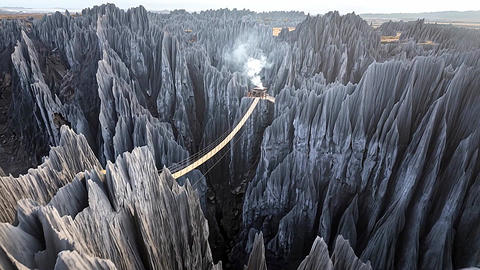 Aerial view of suspension bridge in Tsingy de Bemaraha National Park, Madagascar