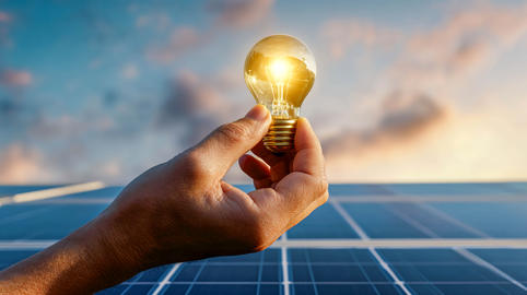 A man's hand holds a glowing light bulb against the backdrop of solar panels and a sunset sky