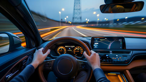 Point of view of a person driving a modern car on a highway at night