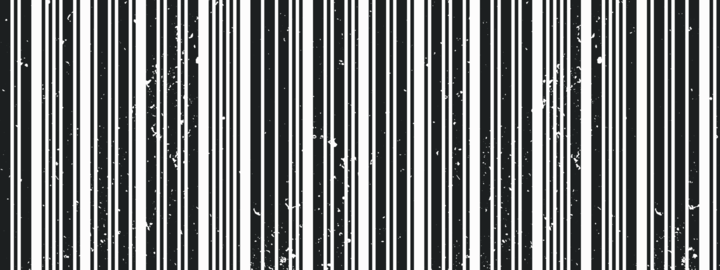Monochrome barcode vector texture with gritty scratches. Irregular worn stripes and dirty