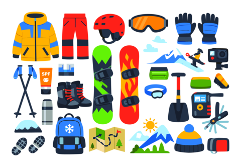 Snowboarding and skiing essentials including jacket, pants, helmet, goggles, boards, boots, gloves