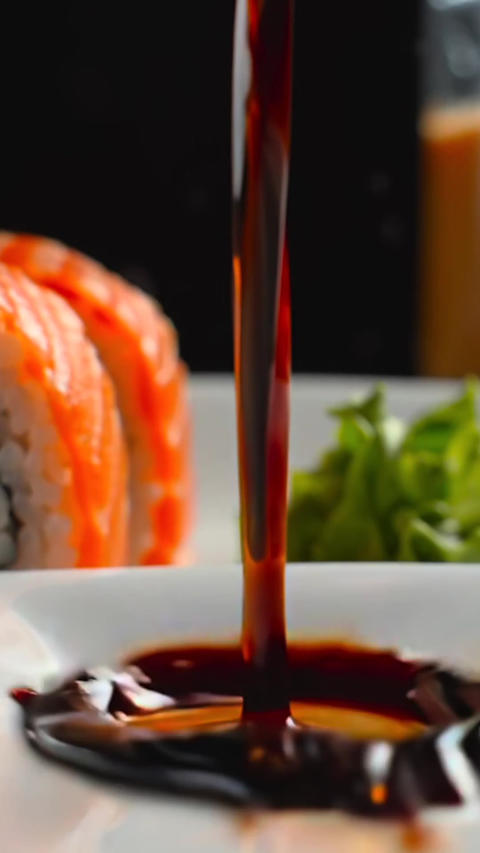 soy sauce stream pouring into small dish close-up as dark glossy ribbon descends and spreads across