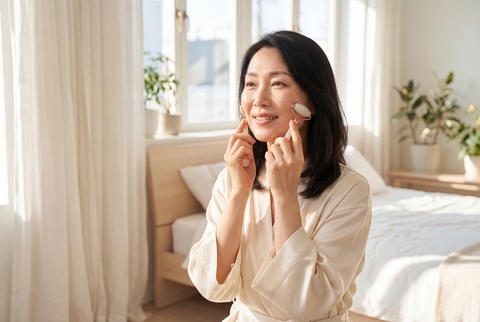 Mature asian woman in a bathrobe doing a facial massage with a jade roller for self care
