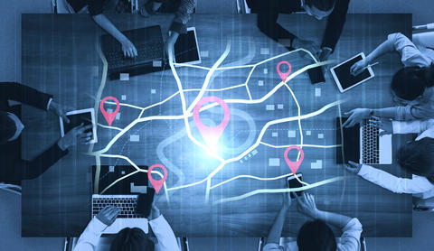 GPS navigation system with location pins showing a route on a city map. Fermion